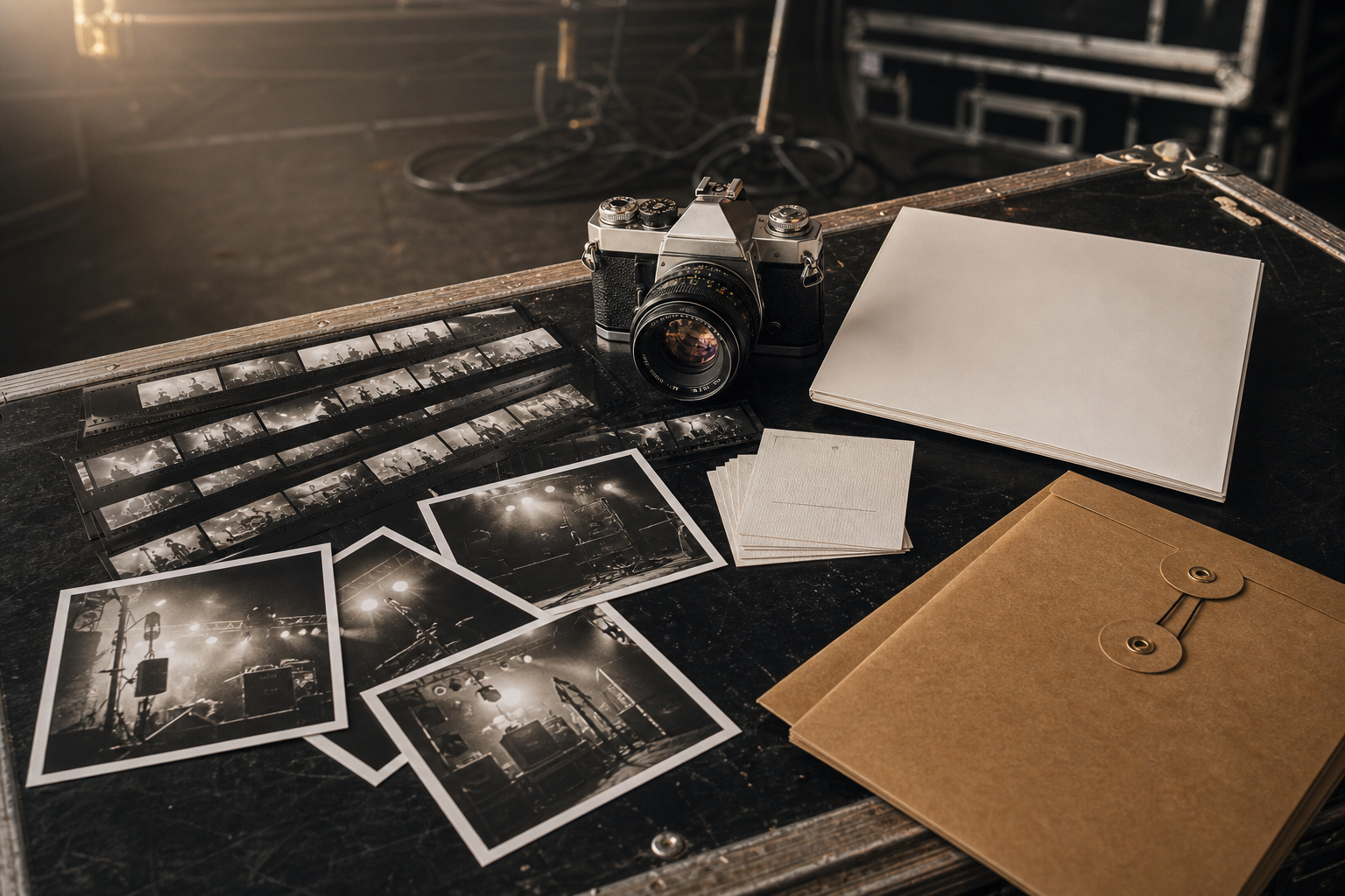 Film camera, contact sheets, and printed tour photos on a backstage road case.